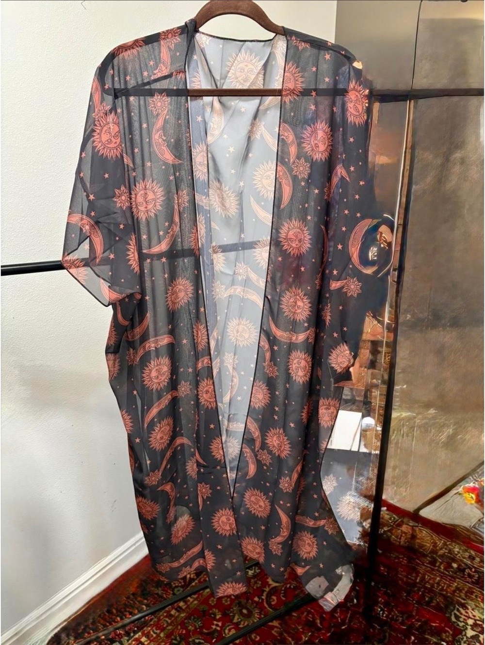 Hibluco Sheer Black Kimono with Sun and Moon Print